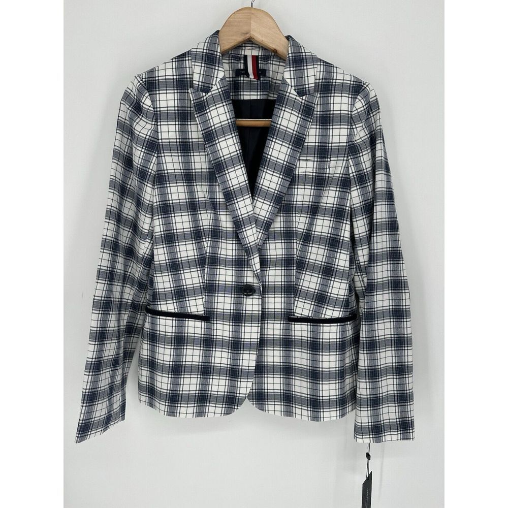Tommy Hilfiger Women's Classic Blue Green Plaid Blazer Preppy Americana Size 8